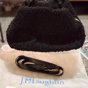 J.McLaughlin - Fiona Black Faux Shearling / Sherpa Mini Tote with Bamboo Handles